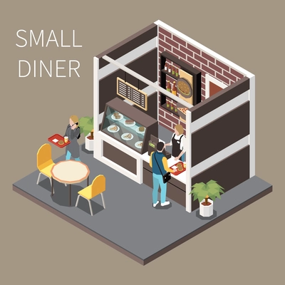 Shopping mall airport food court selfservice dinner lunch isometric view customers paying for hot meals vector illustration