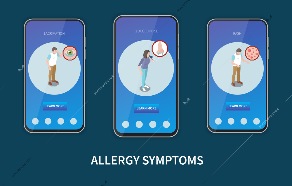 Allergy symptoms online info 3 isometric mobile screens banners set with lachrymation clogged nose rash vector illustration