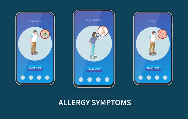 Allergy symptoms online info 3 isometric mobile screens banners set with lachrymation clogged nose rash vector illustration