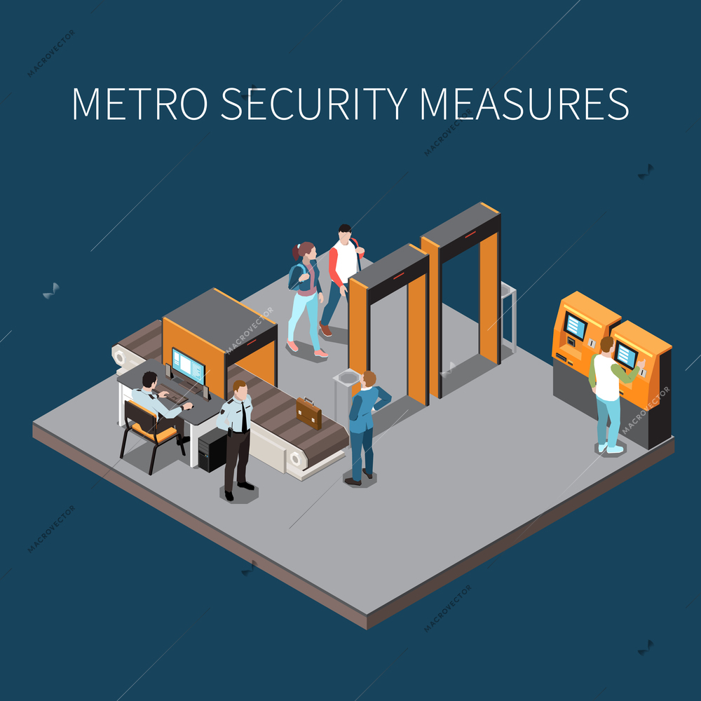 Underground subway security service metro station access control gates check on passengers flow isometric composition vector illustration