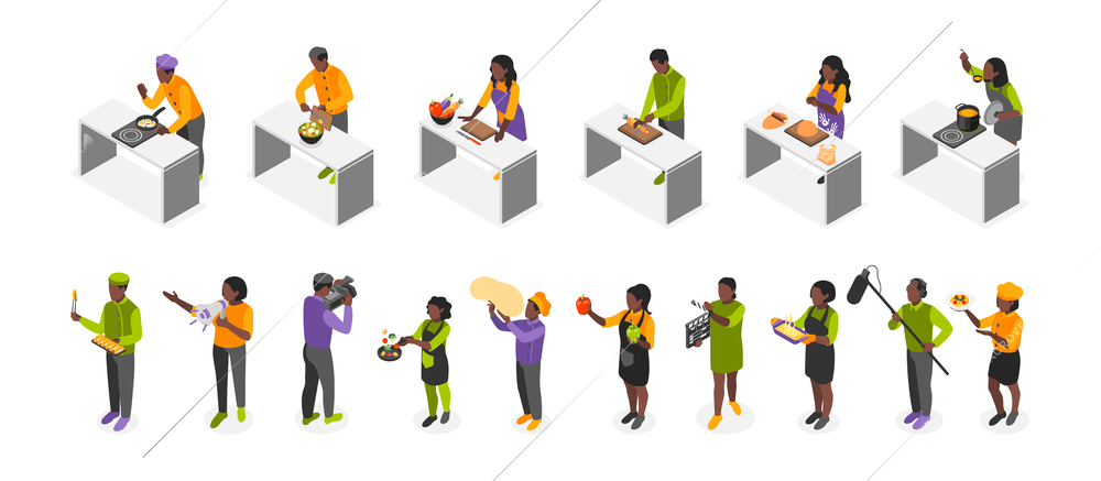 Cooking show isometric recolor icon set male and female chefs prepare food on camera at the table and without vector illustration