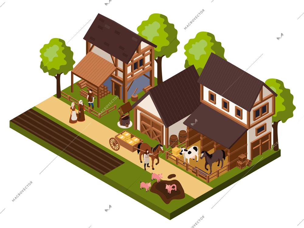 Medieval rural architecture isometric concept with domestic animals vector illustraion