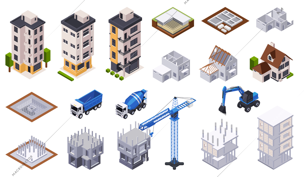 Construction set with architecture industry and equipment symbols isometric vector illustration