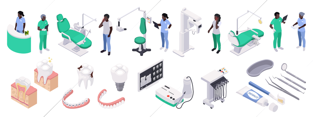 Stomatology and dentistry isometric set with dental treatment symbols isolated vector illustration