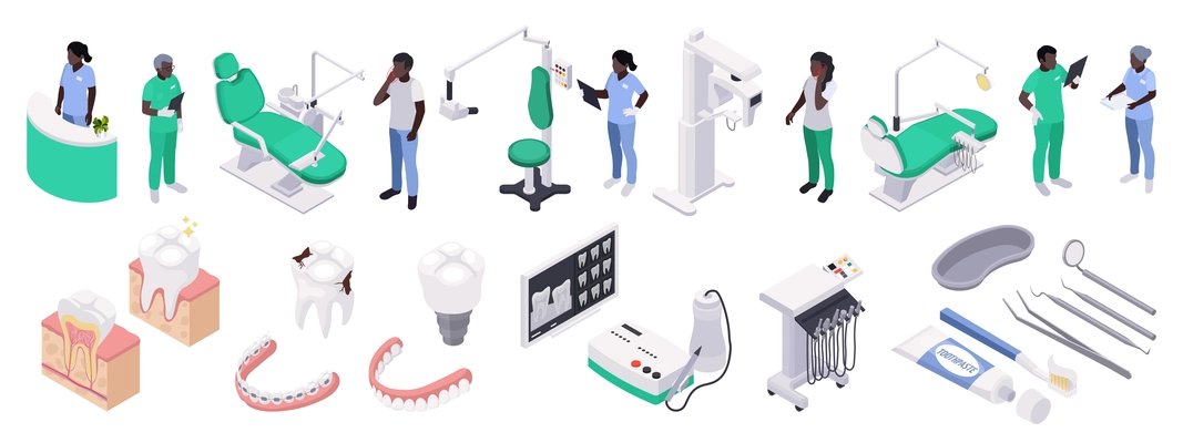 Stomatology and dentistry isometric set with dental treatment symbols isolated vector illustration