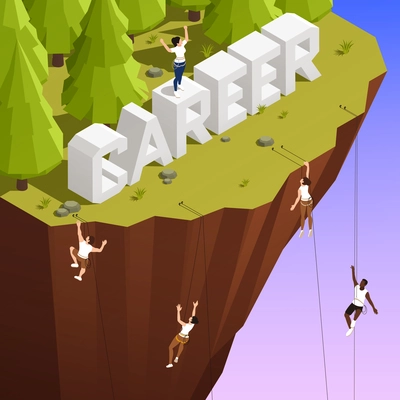 Business career challenge winner on steep cliff climbing sport metaphor isometric composition with top ropers vector illustration