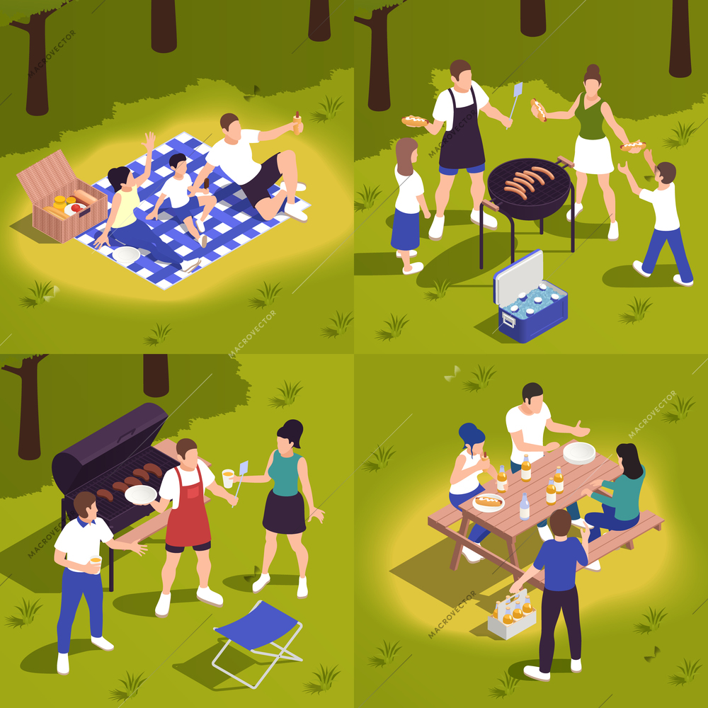 Countryside family picnic concept 4 isometric compositions with sitting on gingham tablecloth grilling meat barbecuing vector illustration