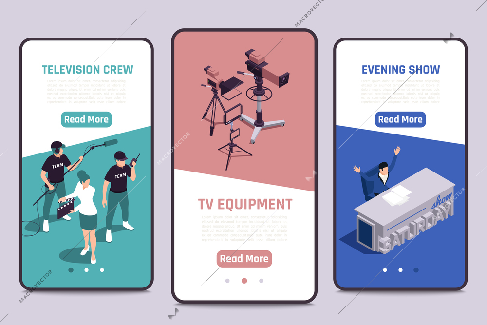 TV show production 3 isometric smartphone screens banners with director assistant camera crew television equipment vector illustration