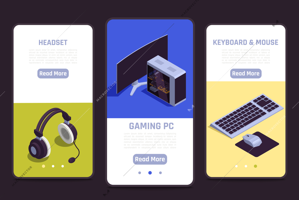 Gaming gadgets online 3 isometric smartphone screens set with headset keyboard mouse pc software info vector illustration