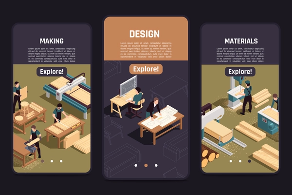 Wooden furniture production info 3 isometric smartphone screens with designer drawings timber selection manufacturing process vector illustration