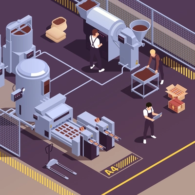 Chocolate manufacturing facility realistic isometric element with operators controlling cocoa beans processing candies forming machines vector illustration