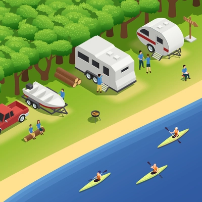 Canoeing kayaking rafting recreation riverbank campsite isometric composition with campers camping trailers barbequing paddling tourists vector illustration