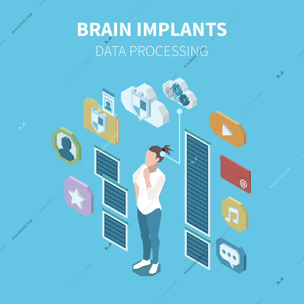 Human brain implants isometric poster illustrated data processing of embedded chip with interfacing cloud vector illustration