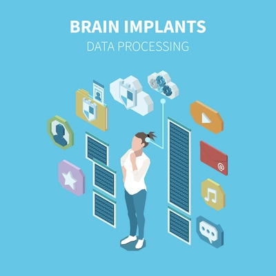 Human brain implants isometric poster illustrated data processing of embedded chip with interfacing cloud vector illustration