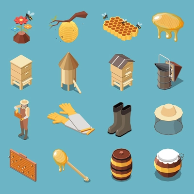 Apiary and honey production isometric set of different hives beekeepers uniform dipper stick piece of honeycombs isolated vector illustration