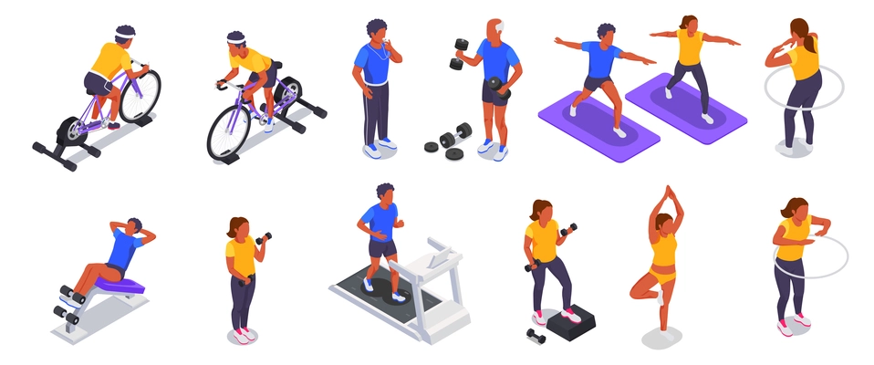 Online fitness workout yoga at home isometric colored icon set exercise on exercise bike with dumbbells hula hoops on treadmill and stretching vector illustration