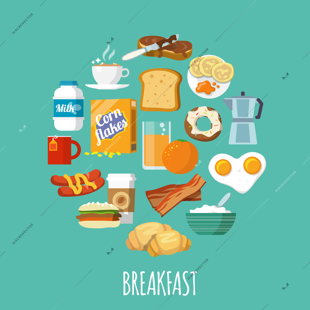 Breakfast concept with fresh food and drinks flat icons set vector illustration