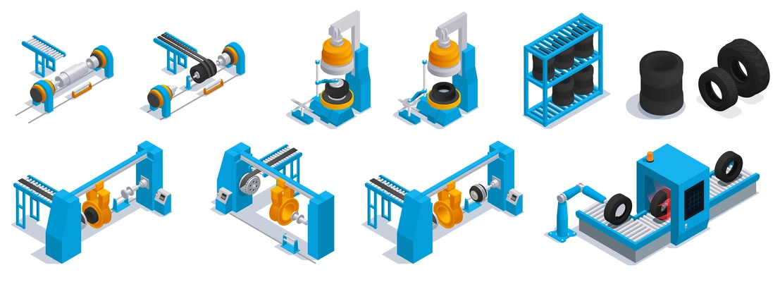 Colored Isometric Tire Production Service Icon Set with tire manufacturing machines in the factory in light blue and orange colors vector illustration