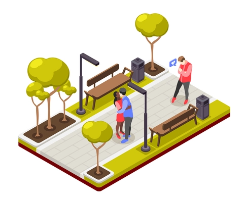 Friendzone isometric composition with view of city street characters of kissing lovers and discouraged single guy vector illustration