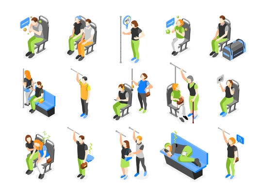 Public transport problems isometric  icons collection with isolated human characters of traveling passengers in different situations vector illustration