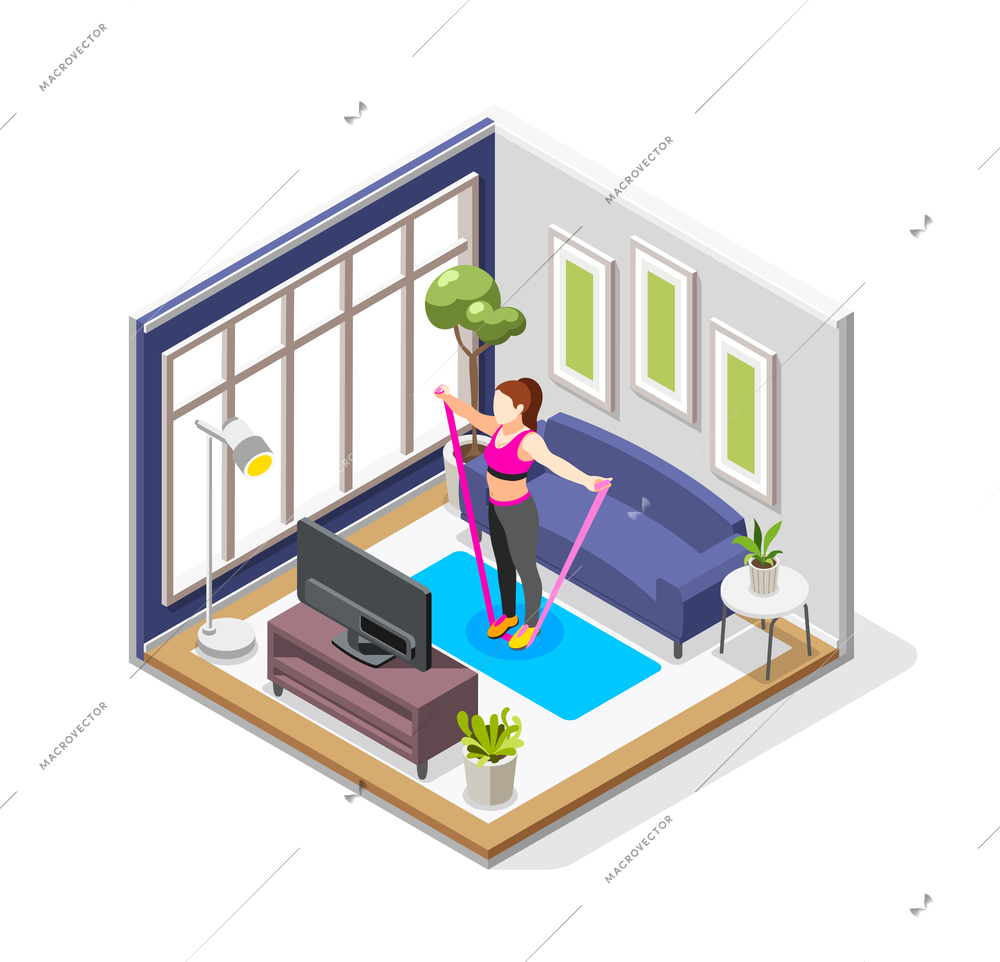 Resistance band exercises isometric composition with living room interior scenery tv set and woman performing exercise vector illustration