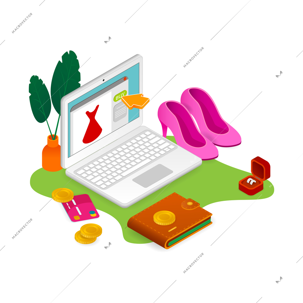 E-commerce mobile shopping isometric composition with images of fashion accessories and laptop with payment methods vector illustration