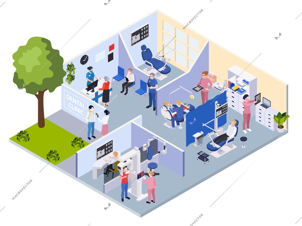 Isometric composition with dental clinic interior reception equipment human characters of patients and dentists 3d vector illustration