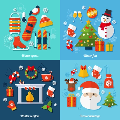 Winter and christmas flat set with sports fun comfort and holidays isolated vector illustration