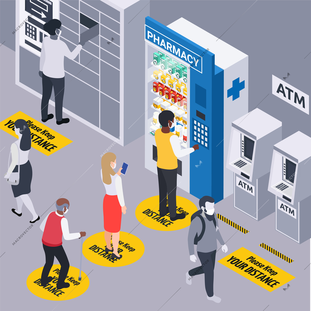 People standing in line keeping social distance in front of pharmacy vending machine atm and pickup point 3d isometric vector illustration