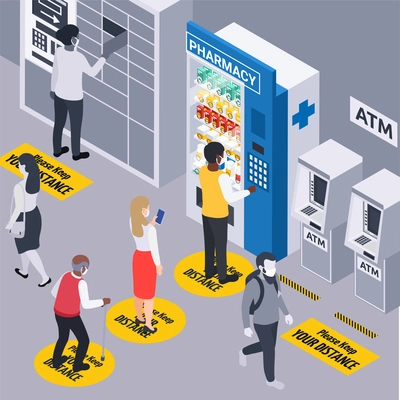 People standing in line keeping social distance in front of pharmacy vending machine atm and pickup point 3d isometric vector illustration