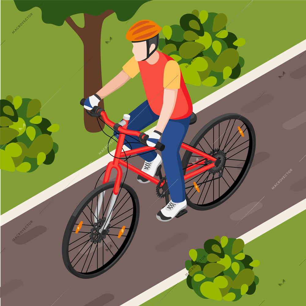 Man wearing orange helmet riding his red bicycle along park 3d isometric vector illustration