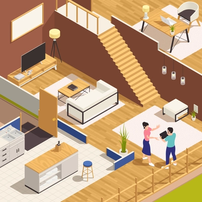 Interior designer adjusting family house refurnishing project in accordance with the owner wishes isometric view vector illustration