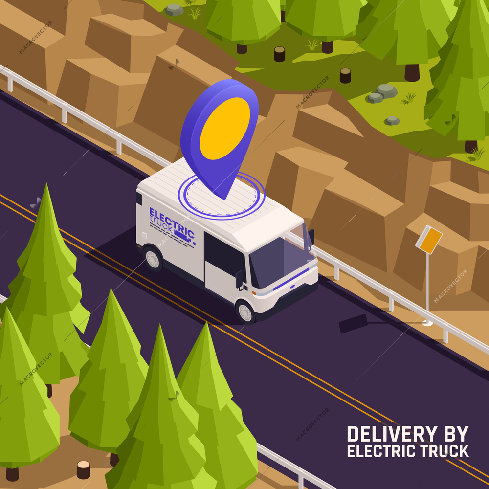 Electric delivery truck with map pointer location mark on customer smartphone tablet screen isometric composition vector illustration