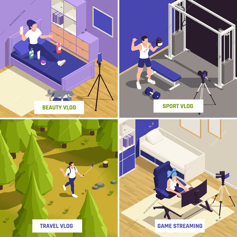 Blogging concept 4 isometric compositions with sport fitness vlogger travel beauty vlog recording game streaming vector illustration