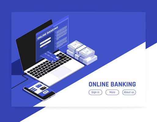 Online banking isometric landing page website white blue background design with banknotes piles info buttons vector illustration