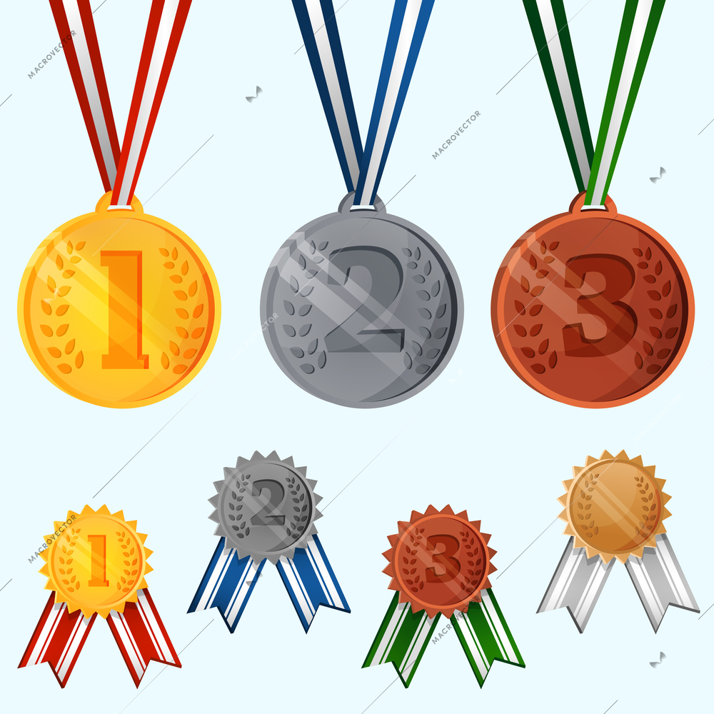 Award medals and seals success trophy achievement set isolated vector illustration