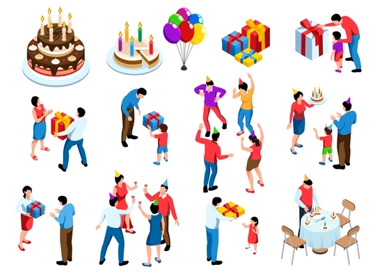 Birthday party isolated icons set with cake presents people having fun giving and receiving presents isometric vector illustration