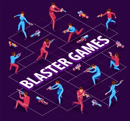 Isometric blaster game flowchart composition with text and isolated characters of players in uniform with guns vector illustration
