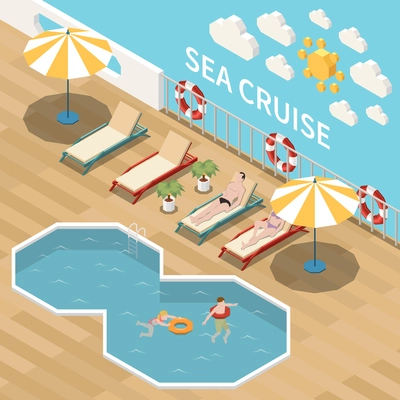 Sea cruise isometric colored composition tourists relaxing and sunbathing on deck chairs near the pool vector illustration
