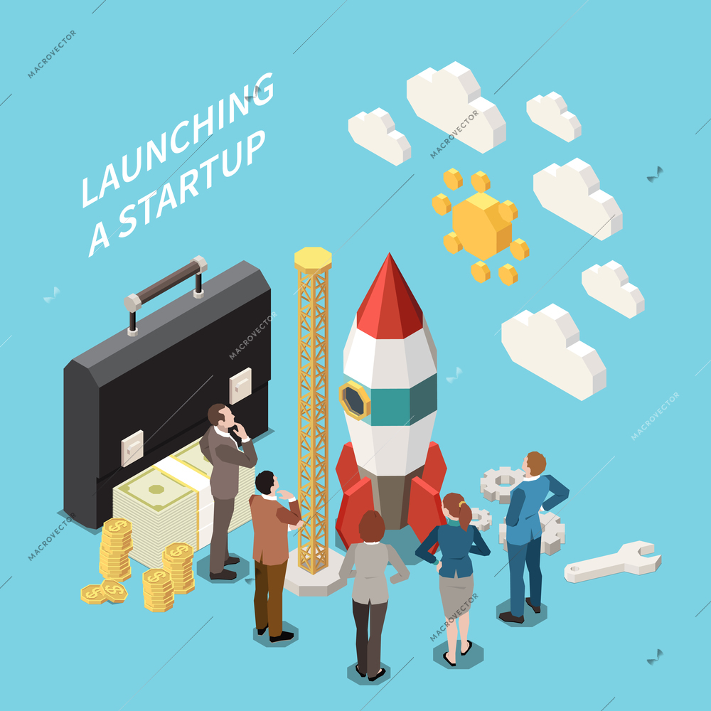 Startup project isometric colored concept with launching a startup descriptions and abstract rocket vector illustration