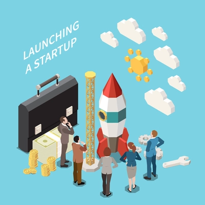 Startup project isometric colored concept with launching a startup descriptions and abstract rocket vector illustration