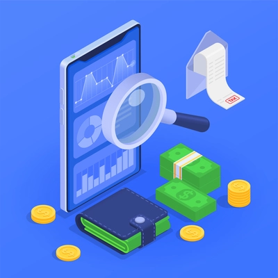 Financial audit concept with budget inspection symbols isometric vector illustration