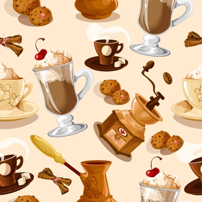 Coffee colored seamless pattern with turk cookies cinnamon grinder cup vector illustration