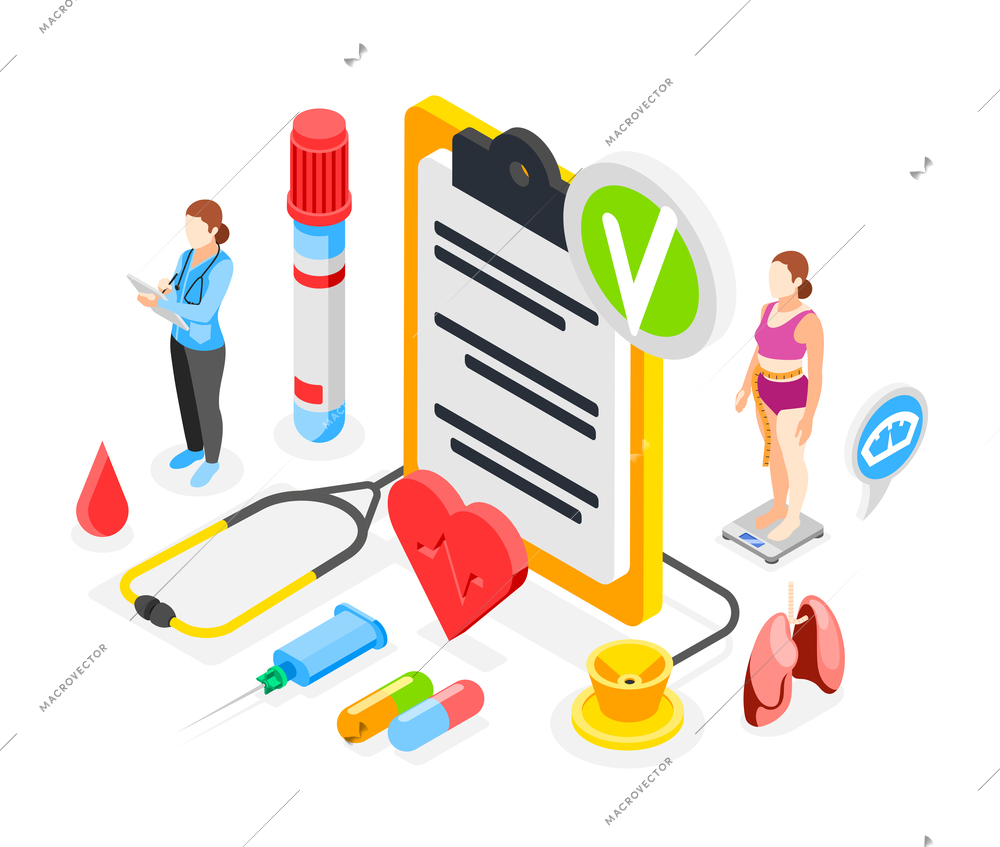 Isometric health checkup composition with stethoscope capsules tube syringe lungs human characters of doctor and healthy woman on scales vector illustration