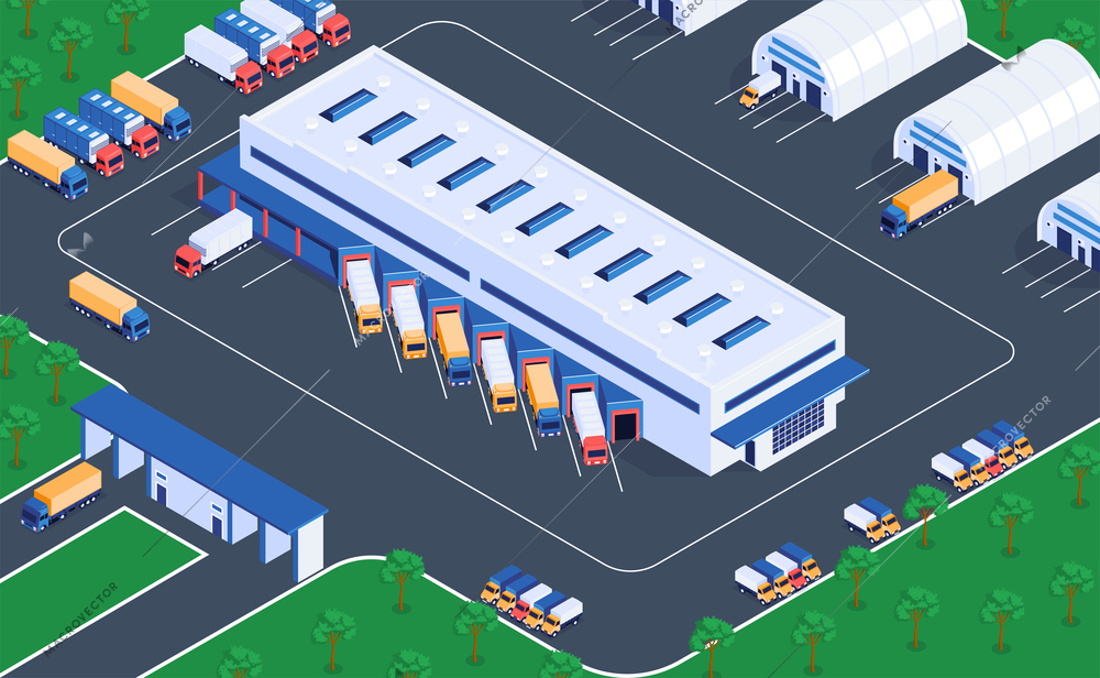 Logistic service warehouse storage facilities isometric view of distribution center terminal loading discharging cargo trucks vector illustration