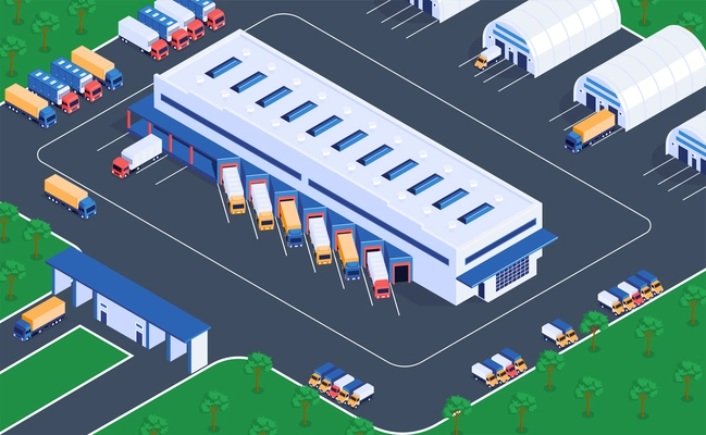 Logistic service warehouse storage facilities isometric view of distribution center terminal loading discharging cargo trucks vector illustration