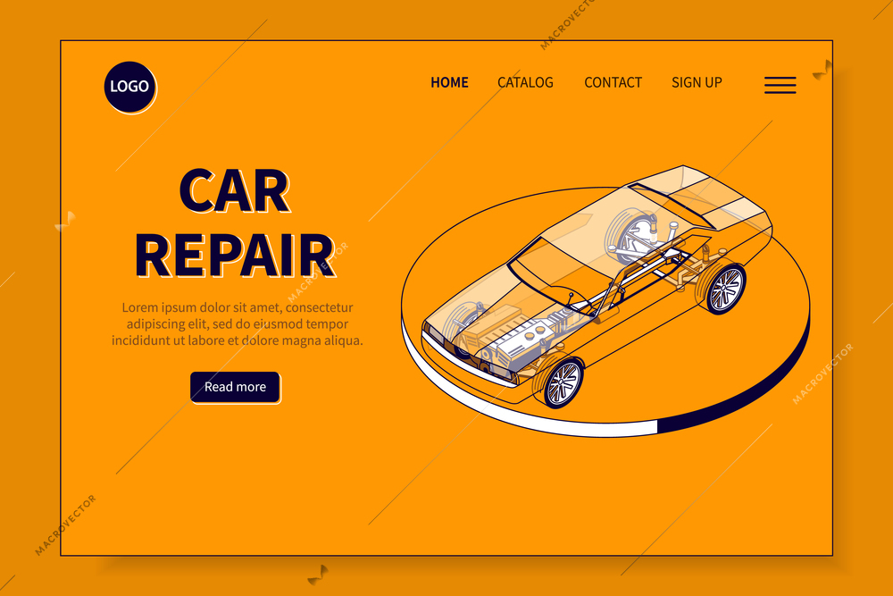 Car parts isometric website page with clickable links editable text and image of transparent automobile body vector illustration