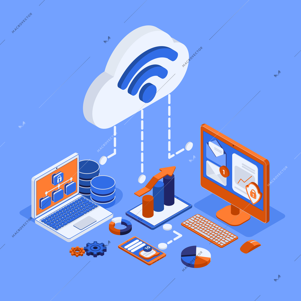 Big data analysis processing flowchart isometric colorful composition with computer cloud office vector illustration