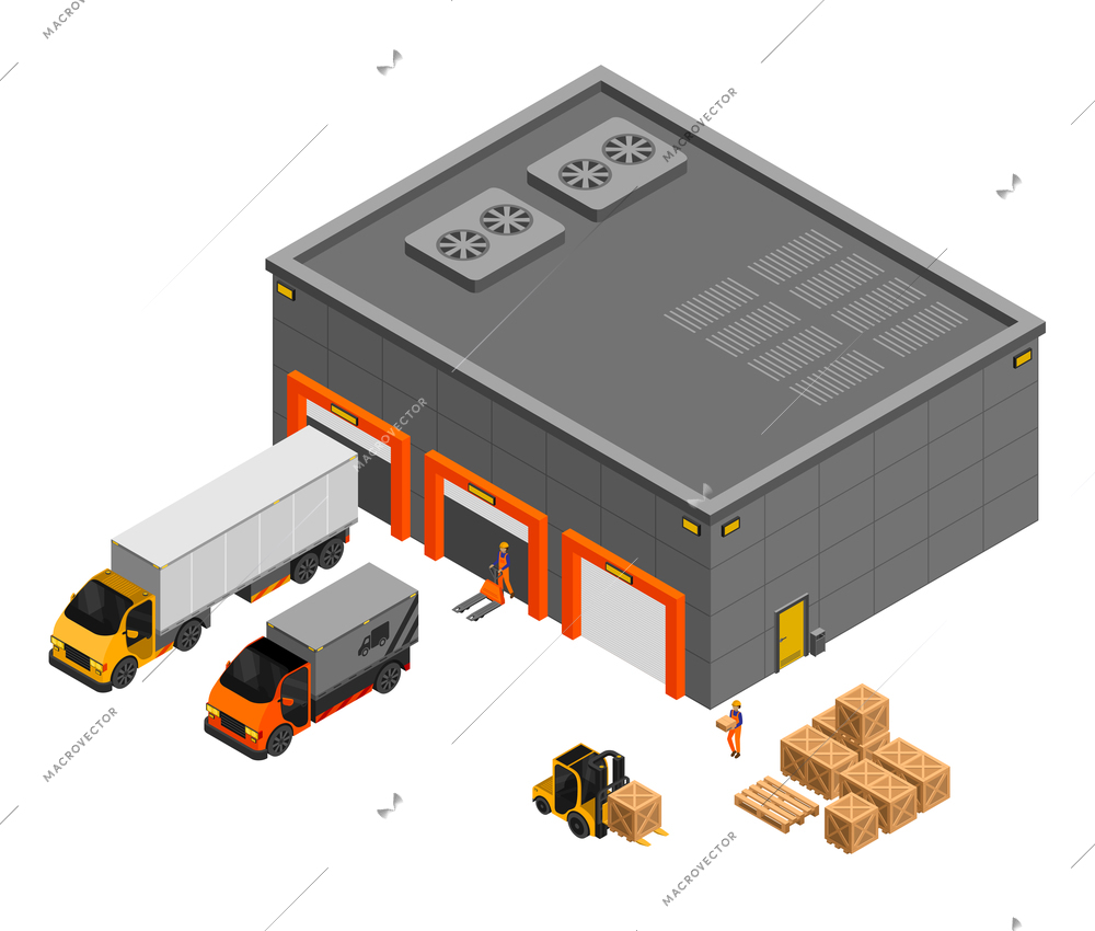 Movers unload trucks to the warehouse using a forklift near a stack of cardboard boxes vector isometric illustration