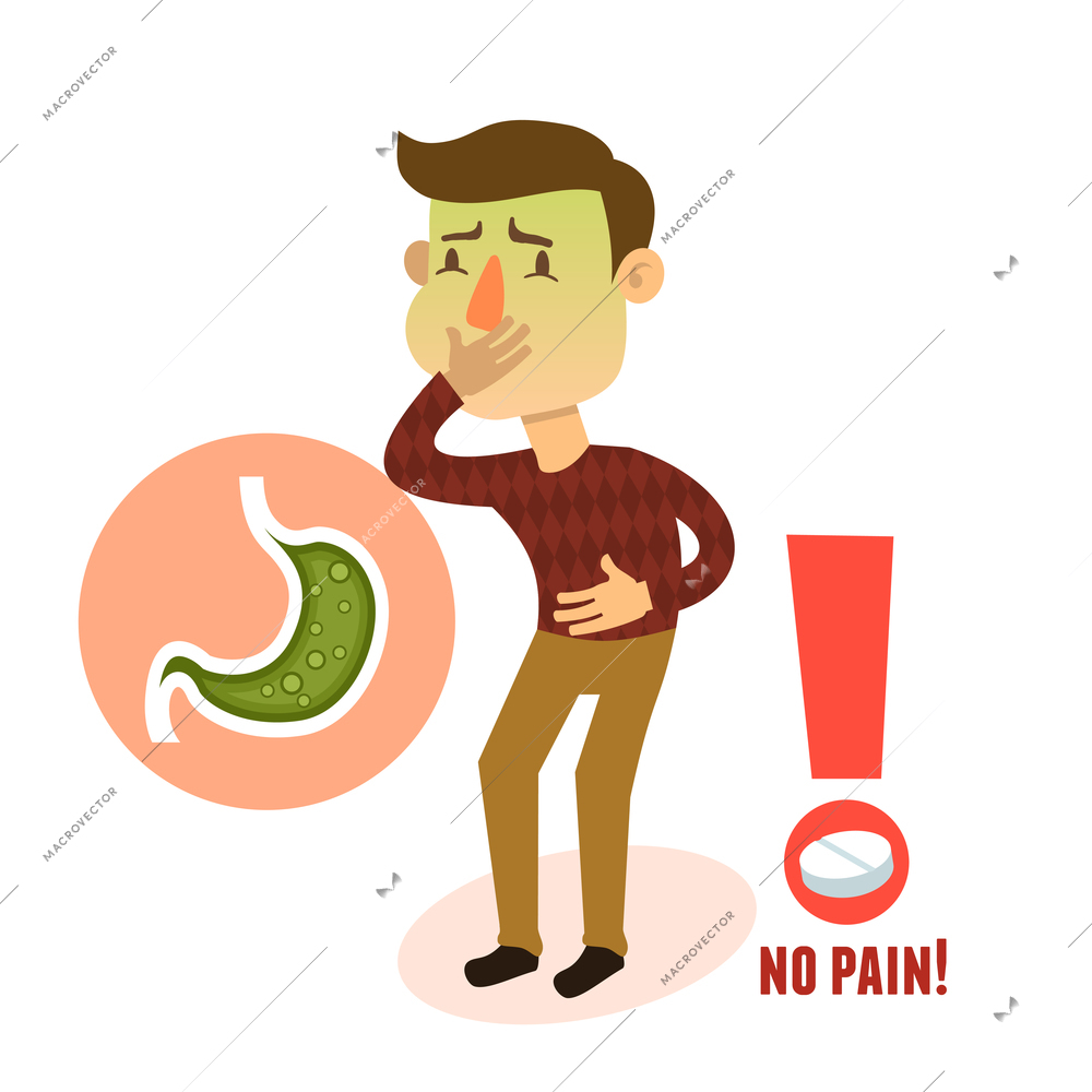 Sick stomach ache nausea male person character with pill vector illustration